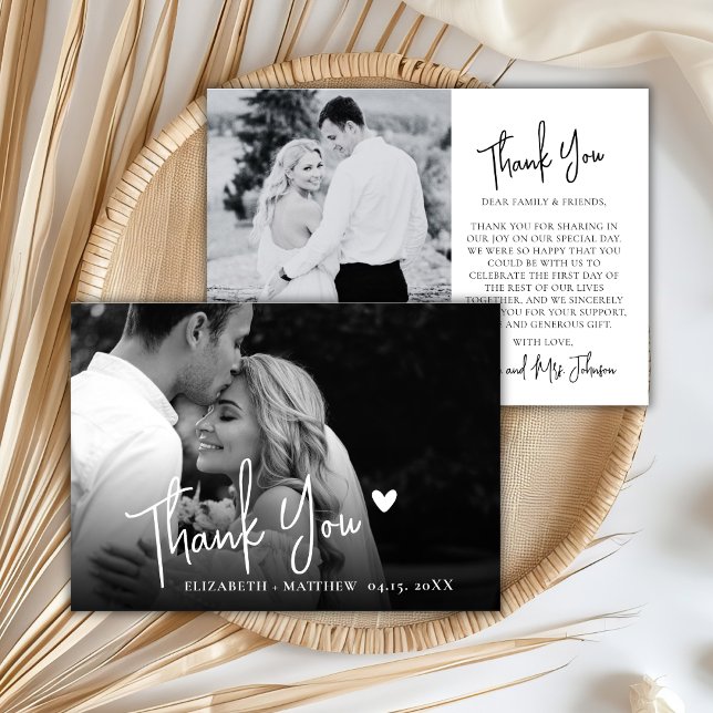Tarjeta De Agradecimiento Chic Boda Foto Script 2 Blanco y Negro (Subido por el creador)