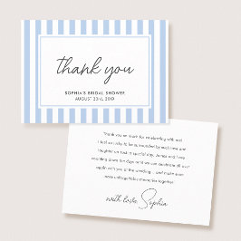 Tarjeta De Agradecimiento Chic Bridal Shower Modern Script Blue Stripes