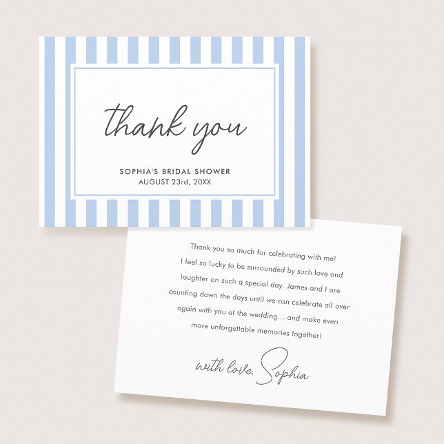 Tarjeta De Agradecimiento Chic Bridal Shower Modern Script Blue Stripes (Subido por el creador)