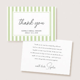 Tarjeta De Agradecimiento Chic Bridal Shower Modern Script Green Stripes
