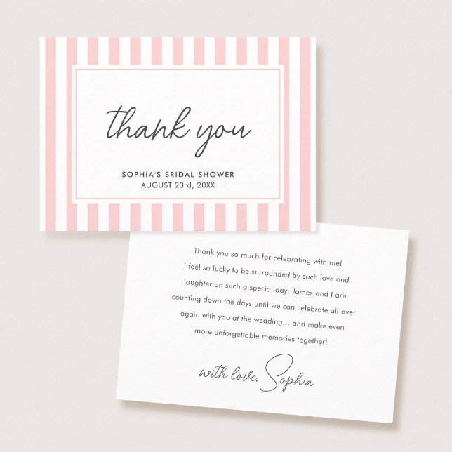 Tarjeta De Agradecimiento Chic Bridal Shower Modern Script Pink Stripes (Subido por el creador)
