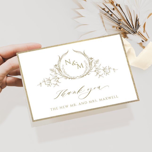 Tarjeta De Agradecimiento Chic Champagne Monogram, Gold Frame Wedding (Subido por el creador)