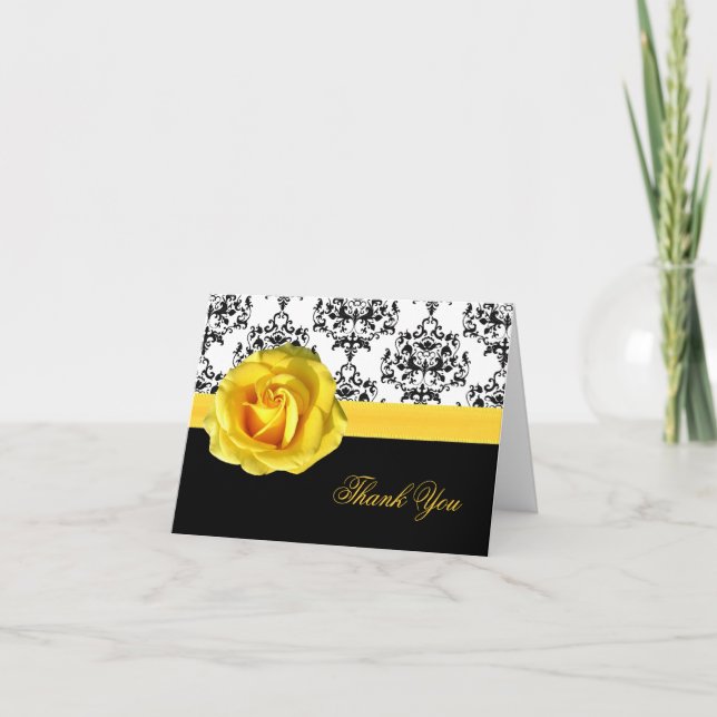 Tarjeta de agradecimiento Chic Damask & Yellow Ros (Anverso)
