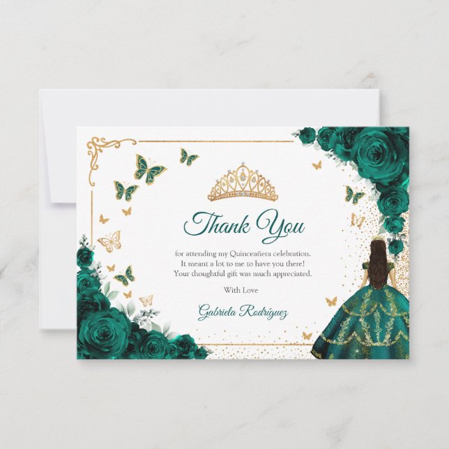 Tarjeta De Agradecimiento Chic Emerald Green Roses Gold Quinceanera (Anverso)