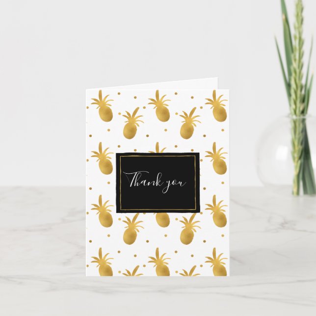 Tarjeta De Agradecimiento Chic Gold Pineapples and Dots Thank you (Anverso)