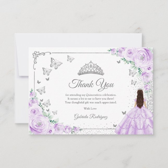 Tarjeta De Agradecimiento Chic Lilac Purple Roses Silver Quinceanera (Anverso)