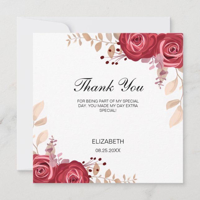 Tarjeta De Agradecimiento Chic Maroon Rose Floral Greenery Birthday (Anverso)