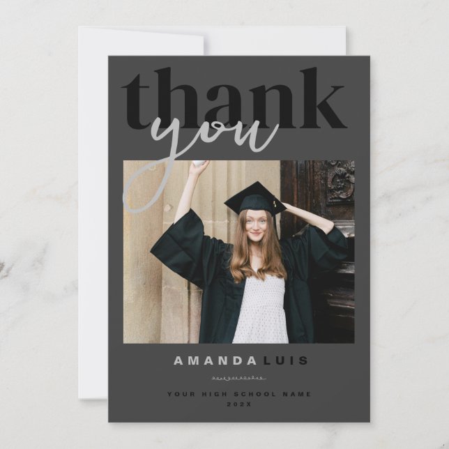 Tarjeta De Agradecimiento Chic Modern Photo Charcoal Graduation (Anverso)
