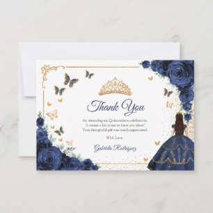 Tarjeta De Agradecimiento Chic Navy Rosas Quinceañera Oro