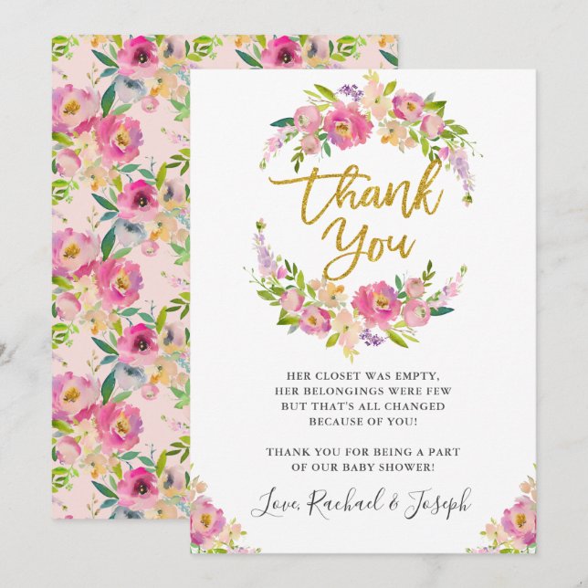 Tarjeta de agradecimiento Chic Pink Floral Script  (Anverso / Reverso)