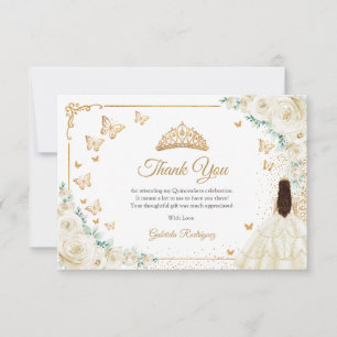 Tarjeta De Agradecimiento Chic Quinceañera Champán Rosas Marfil Doradas