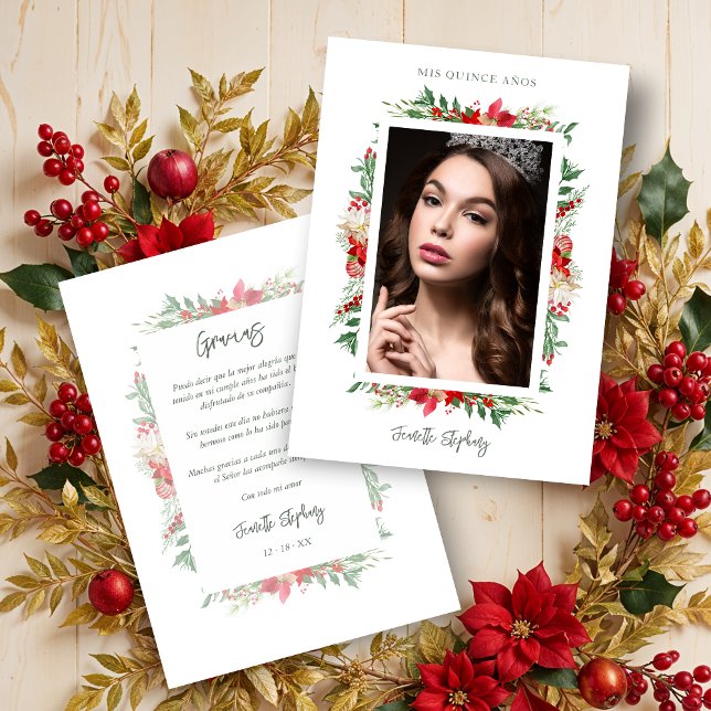 Tarjeta De Agradecimiento Chic Quinceañera Christmas Poinsettias Frame Photo (Spanish Classic Fancy Quinceañera Christmas Poinsettias Frame Photo Couple Thank You Cards.)