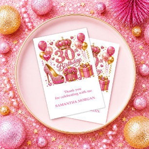 Tarjeta De Agradecimiento Chic Rosa Oro Cumpleaños 30 Glitter Confeti Than