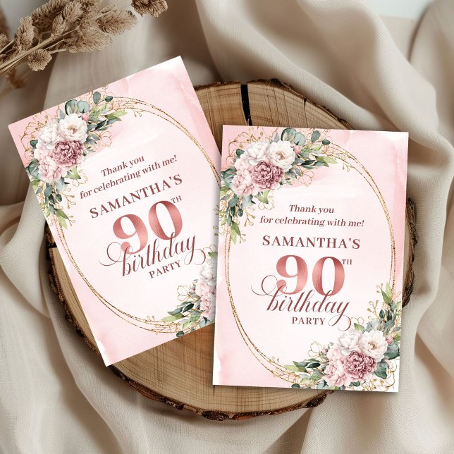 Tarjeta De Agradecimiento Chic Rose Gold Pastel Pink Floral 50th Birthday  (Elegant Rose Gold Eucalyptus 90th Birthday Thank You)