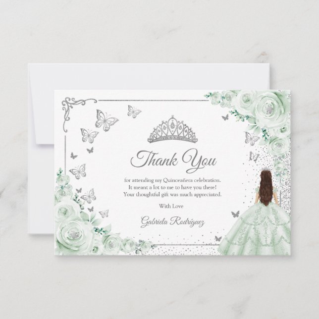 Tarjeta De Agradecimiento Chic Sage Green Roses Silver Quinceanera (Anverso)