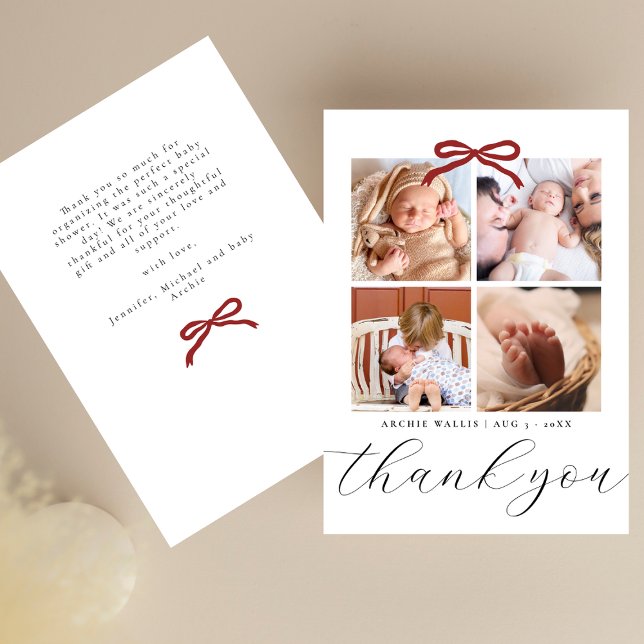 Tarjeta De Agradecimiento Chic Script Cinta Roja 4 Fotos Baby Shower (Subido por el creador)