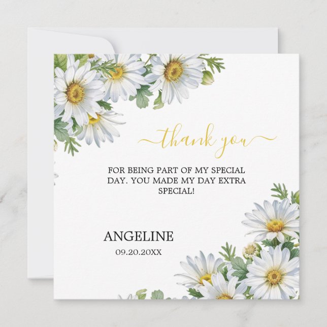 Tarjeta De Agradecimiento Chic White Daisy Floral Greenery Birthday (Anverso)