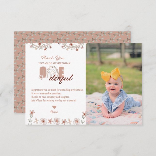 Tarjeta De Agradecimiento Chica 1 cumpleaños | Boho arcoiris (Anverso / Reverso)
