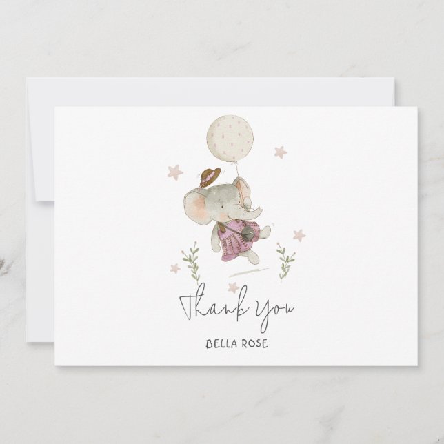 Tarjeta De Agradecimiento Chica Adorable Elefante Boho Botánico Baby Shower (Anverso)