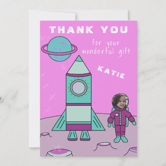 Tarjeta De Agradecimiento Chica astronauta en la luna gracias insertar la ca (Anverso)