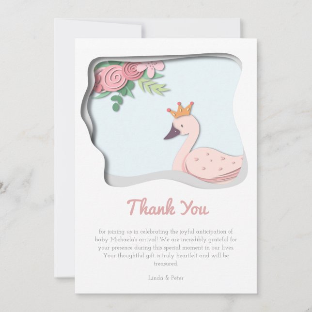 Tarjeta De Agradecimiento Chica Baby Shower de cisne rosa (Anverso)