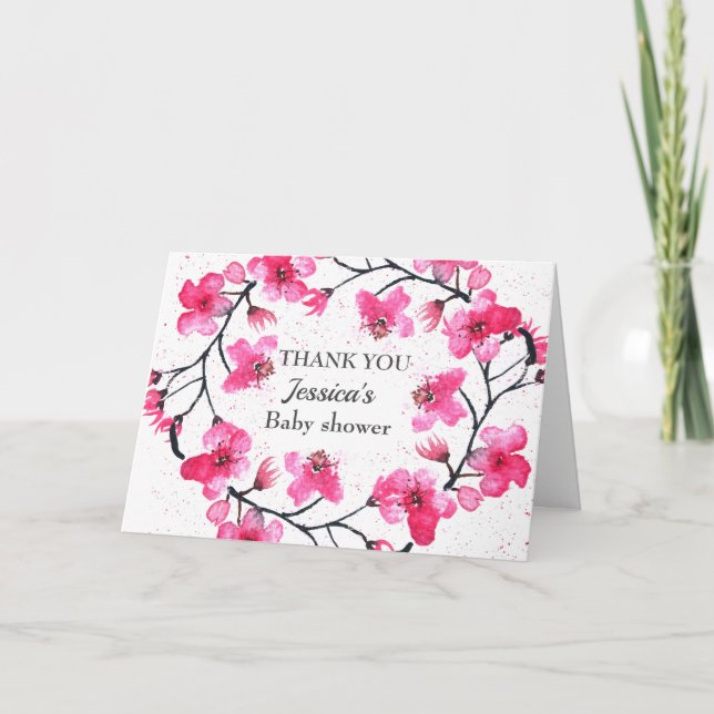 Tarjeta De Agradecimiento Chica Baby Shower de flores rosas cerezo flor (Anverso)