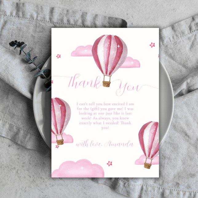 Tarjeta De Agradecimiento Chica Baby Shower de globo aerostático elegante ro (Pink Elegant Hot Air Balloon Girl Baby Shower Thank You Card)