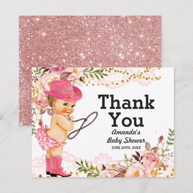 Tarjeta De Agradecimiento Chica Baby Shower Rosa Gold Cowgirl (Anverso / Reverso)