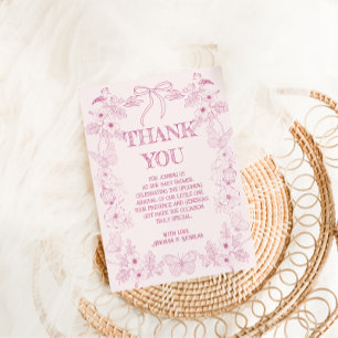 Tarjeta De Agradecimiento Chica Baby Shower Toile De Jouy Floral Rosa