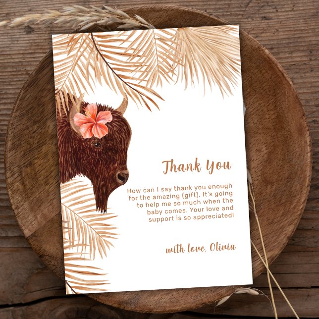 Tarjeta De Agradecimiento Chica Boho Floral Holy Cow Baby Shower (Simple Boho Floral Holy Cow Girl Baby Shower Thank You Card)