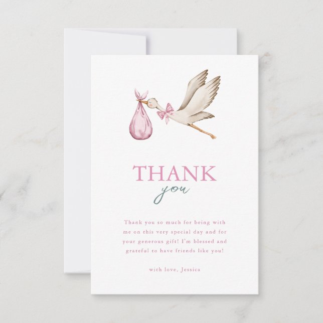 Tarjeta De Agradecimiento Chica Cigüeña Toma Un Pueblo Baby Shower De Invier (Anverso)