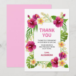 Tarjeta De Agradecimiento Chica Cumpleañera Luau Tropical Rosa Acuarela