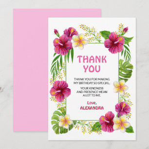 Tarjeta De Agradecimiento Chica Cumpleañera Luau Tropical Rosa Acuarela