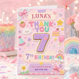 Tarjeta De Agradecimiento Chica Cumpleaños 7 Pastel Arcoíris Patchwork
