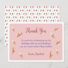 Tarjeta De Agradecimiento Chica Cumpleaños Fiesta Cono de Helado Rosa Lindo