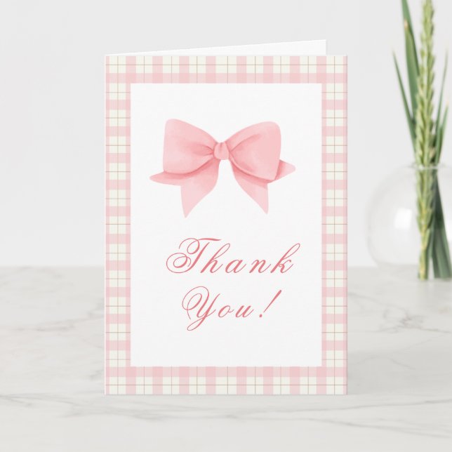 Tarjeta De Agradecimiento Chica Cute Pink Gingham Plaid Bow Baby Shower (Anverso)