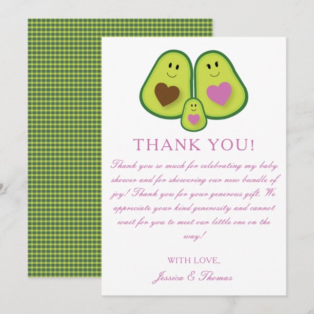 Tarjeta De Agradecimiento Chica Cute Plaid Aguacate Baby Shower (Anverso / Reverso)