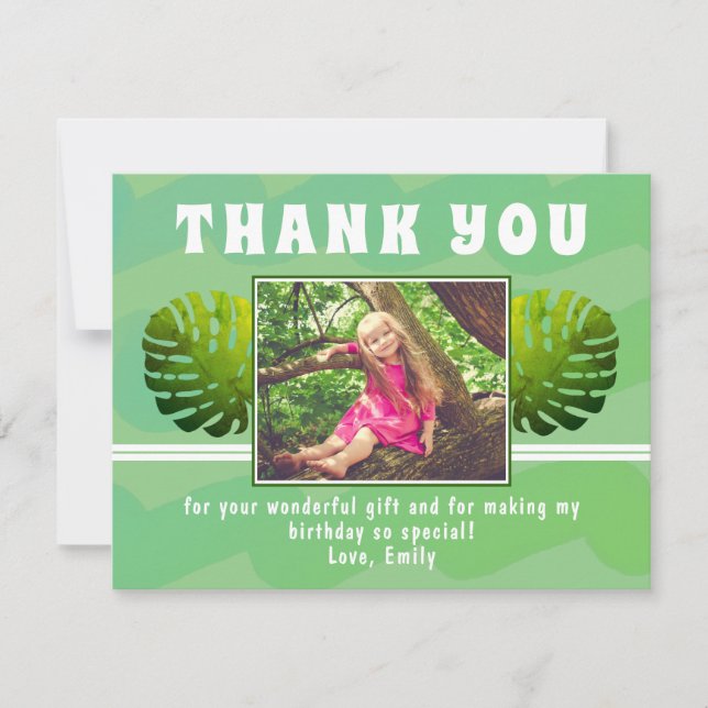 Tarjeta De Agradecimiento Chica de acuarela de hoja tropical verde foto cump (Anverso)