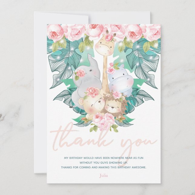 Tarjeta De Agradecimiento Chica de animales de la selva cumpleaños (Anverso)