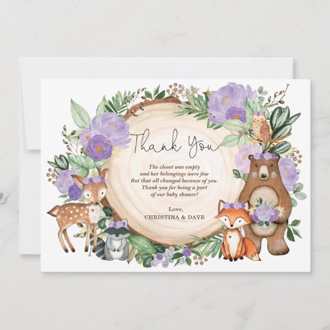 Tarjeta De Agradecimiento Chica de Animales de Woodland Morado Baby Shower (Anverso)
