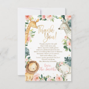 Tarjeta De Agradecimiento Chica de Animales Safari Baby Shower Gracias Carta