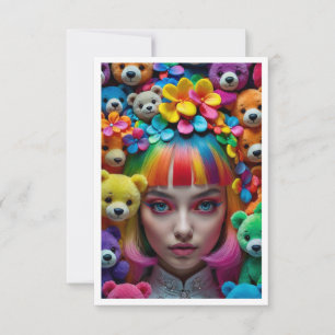 Tarjeta De Agradecimiento Chica de anime arcoiris colorido con flores y osos