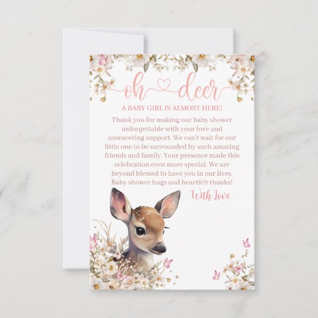 Tarjeta De Agradecimiento Chica de Baby Shower Woodland Deer (Anverso)
