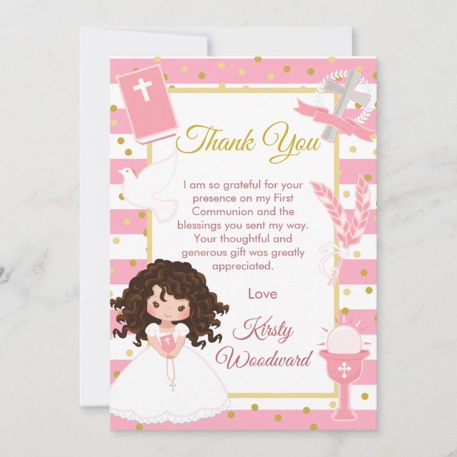 Tarjeta De Agradecimiento Chica de brunette de rayas rosas, primera comunión (Anverso)