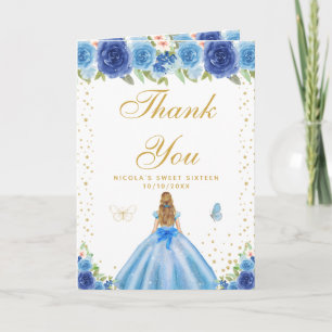 Tarjeta De Agradecimiento Chica de Cabello Rubio Floral Azul Dulces Dieciséi