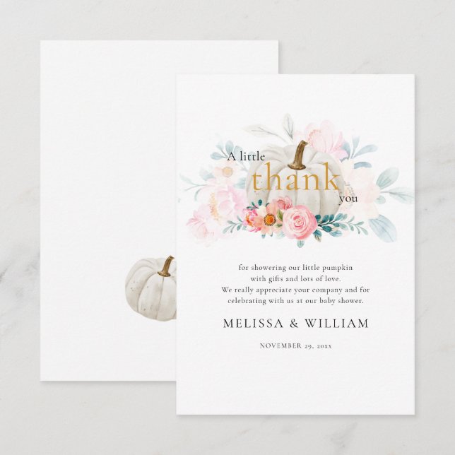 Tarjeta De Agradecimiento Chica de calabaza floral Baby Shower Otoño (Anverso / Reverso)
