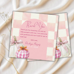 Tarjeta De Agradecimiento Chica de calabaza rosada de Gingham otoño Baby Sho