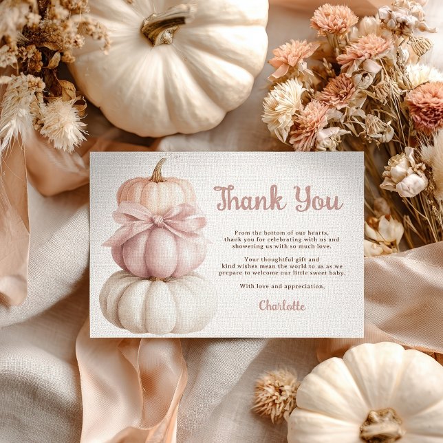 Tarjeta De Agradecimiento Chica de calabaza rosada pequeña Baby Shower (Pink Bow Little Pumpkin Girl Baby Shower Thank You Card)