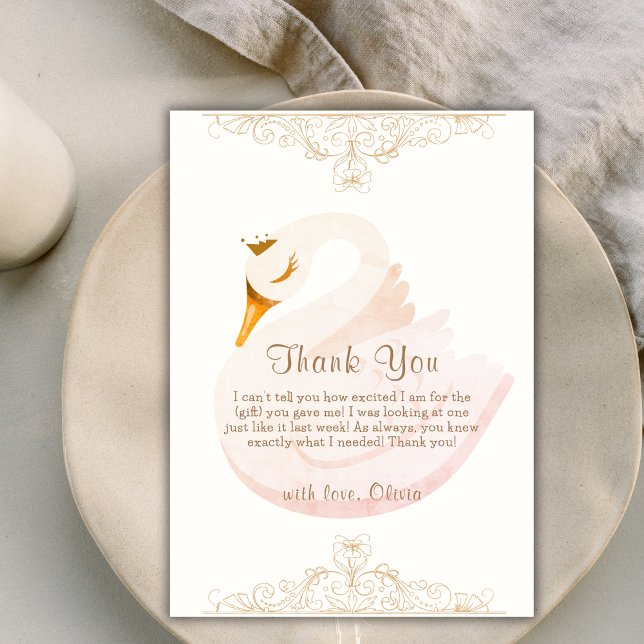 Tarjeta De Agradecimiento Chica de cisnes de princesa de época Baby Shower (Vintage Elegant Princess Swan Girl Baby Shower Thank You Card)
