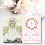Tarjeta De Agradecimiento Chica de confirmación de bautismo FOTO floral<br><div class="desc">Delicada corona floral bautismo, cristianismo, primera comunión sagrada o confirmación gracias a las tarjetas de chica. rosa rosa rosa rosa rosa rosa rosa de color rosa pastel con un fondo sombrío. Vegetación, flor de hoja con lavanda, rosa, flores rosas y cruz con diamante falso en el medio. ¡Asequible pero no...</div>